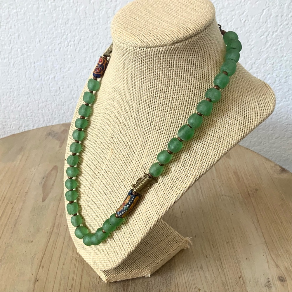 Vintage Tribal Glass Beaded Necklace, Recycled Glass